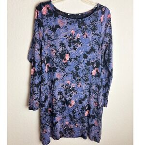 Peruvian Connection Floral Print Long Sleeve Dress Size L Blue Pink Black